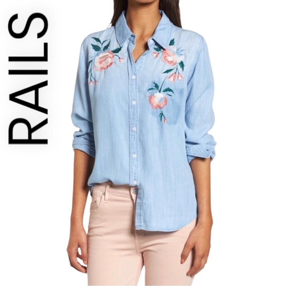 RAILS Chandler Vintage Wash Floral Embroidered Shirt Top Blouse Button Up Down